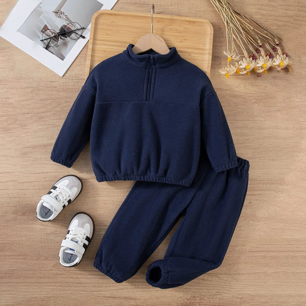 Boys Navy Blue Half Zipper Fleece Sweatshirt With Jogger Co-ord Sets 2 pc. Sets Navy Blue 1-2 Y