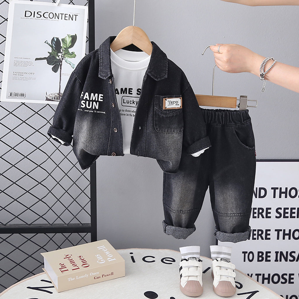 Boys Black Denim Typographic Printed Shirt With T-Shirt & Denim Pants Set Sets Black 1-2 Y