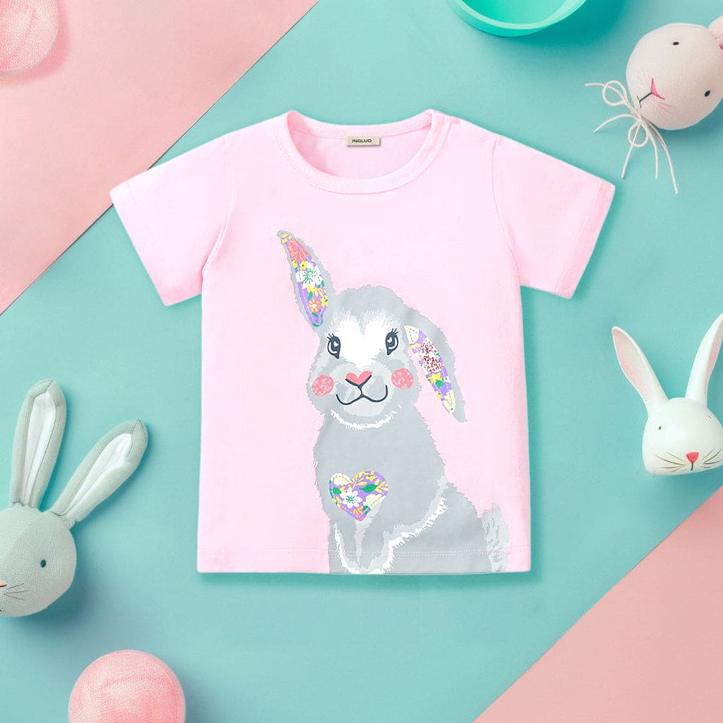 Girls Bunny Print Short Sleeves T-Shirt Tshirts Pink 1-2 Y 