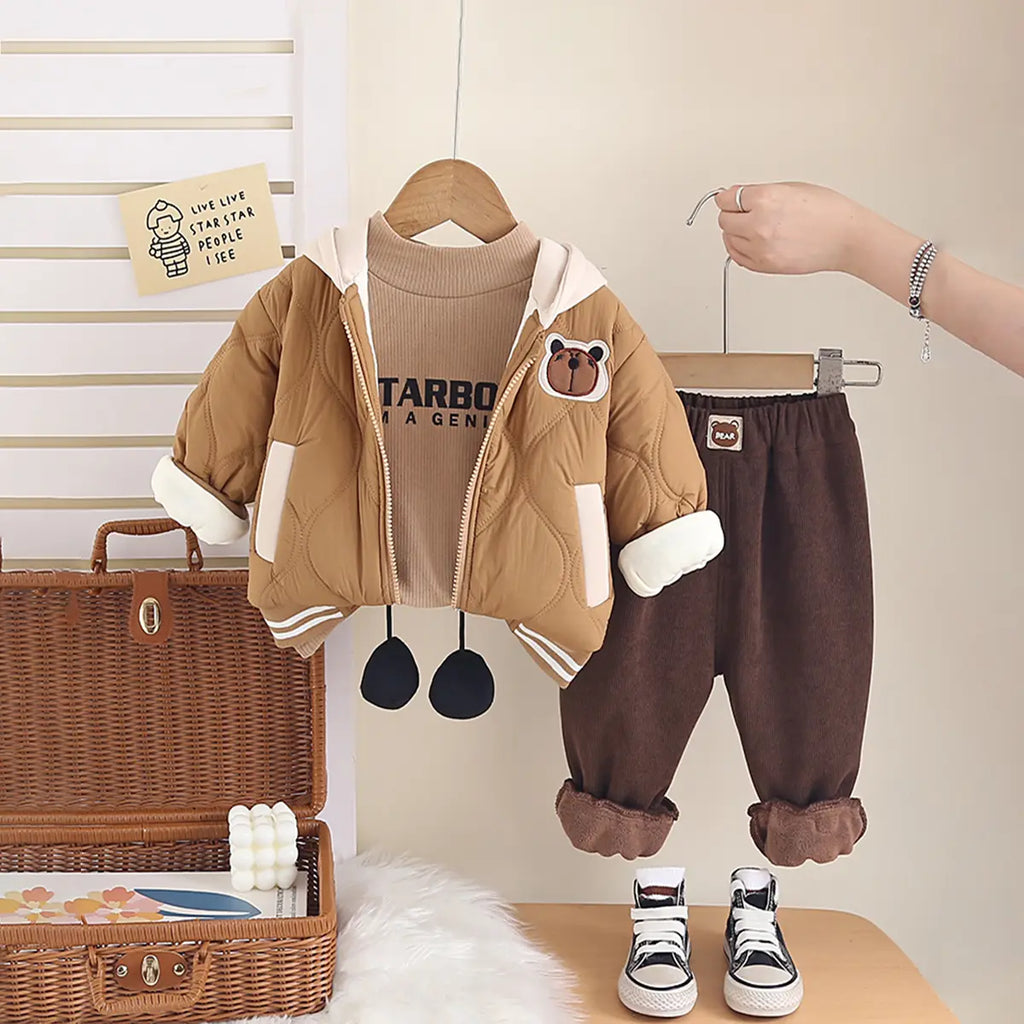 Boys Brown Hooded Zip-up Jacket With T-Shirt & Jogger Sets Sets Brown 1-2 Y
