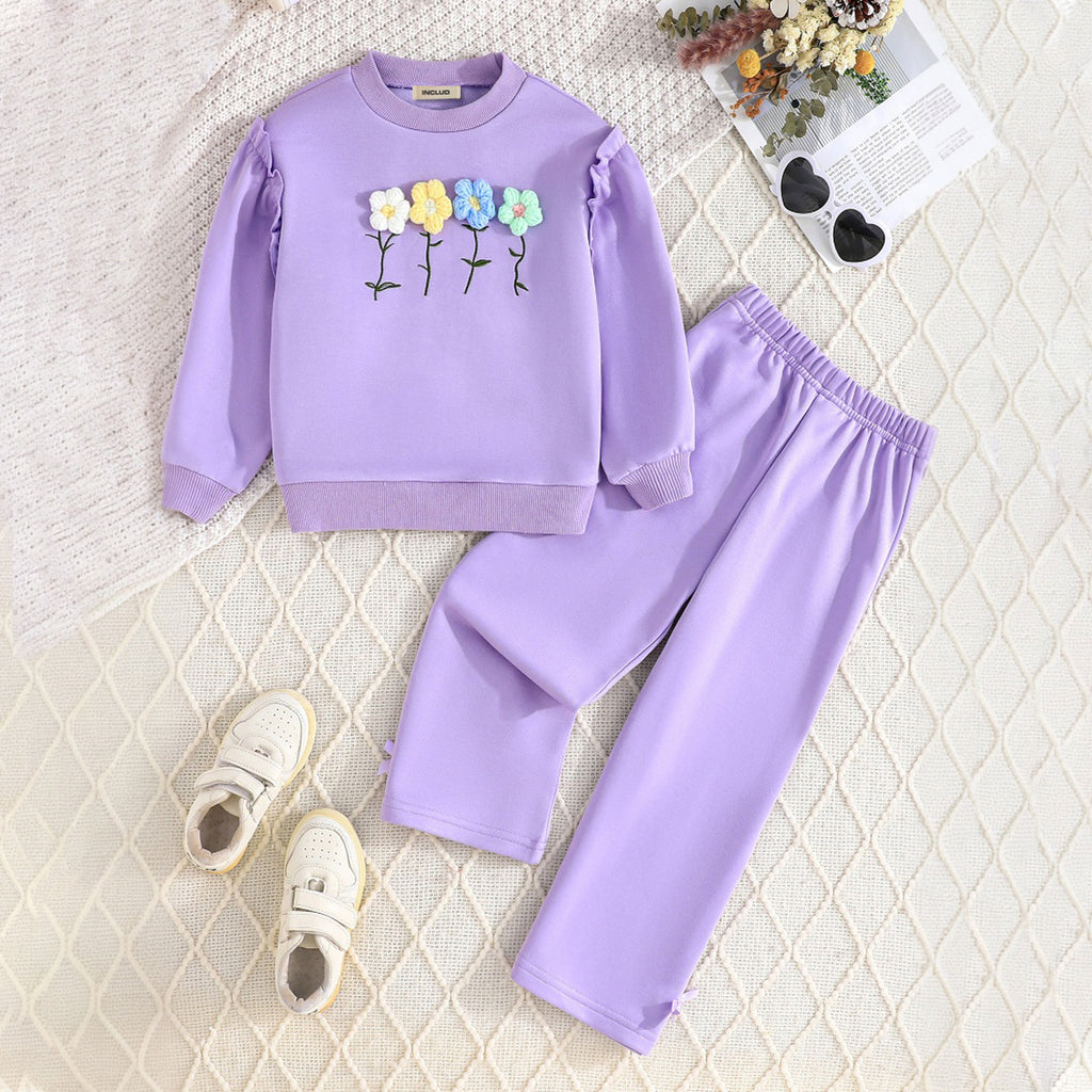 Girls Purple 3D Flower Applique Sweatshirt with Pants Set Sets Purple 3-4 Y