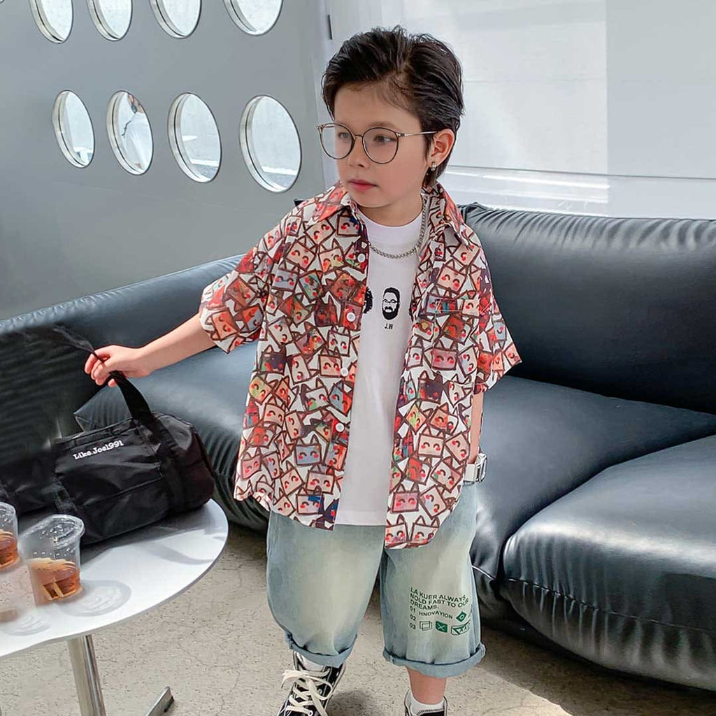Boys Short Sleeve Printed Shirt Shirts Red 3-4 Y 
