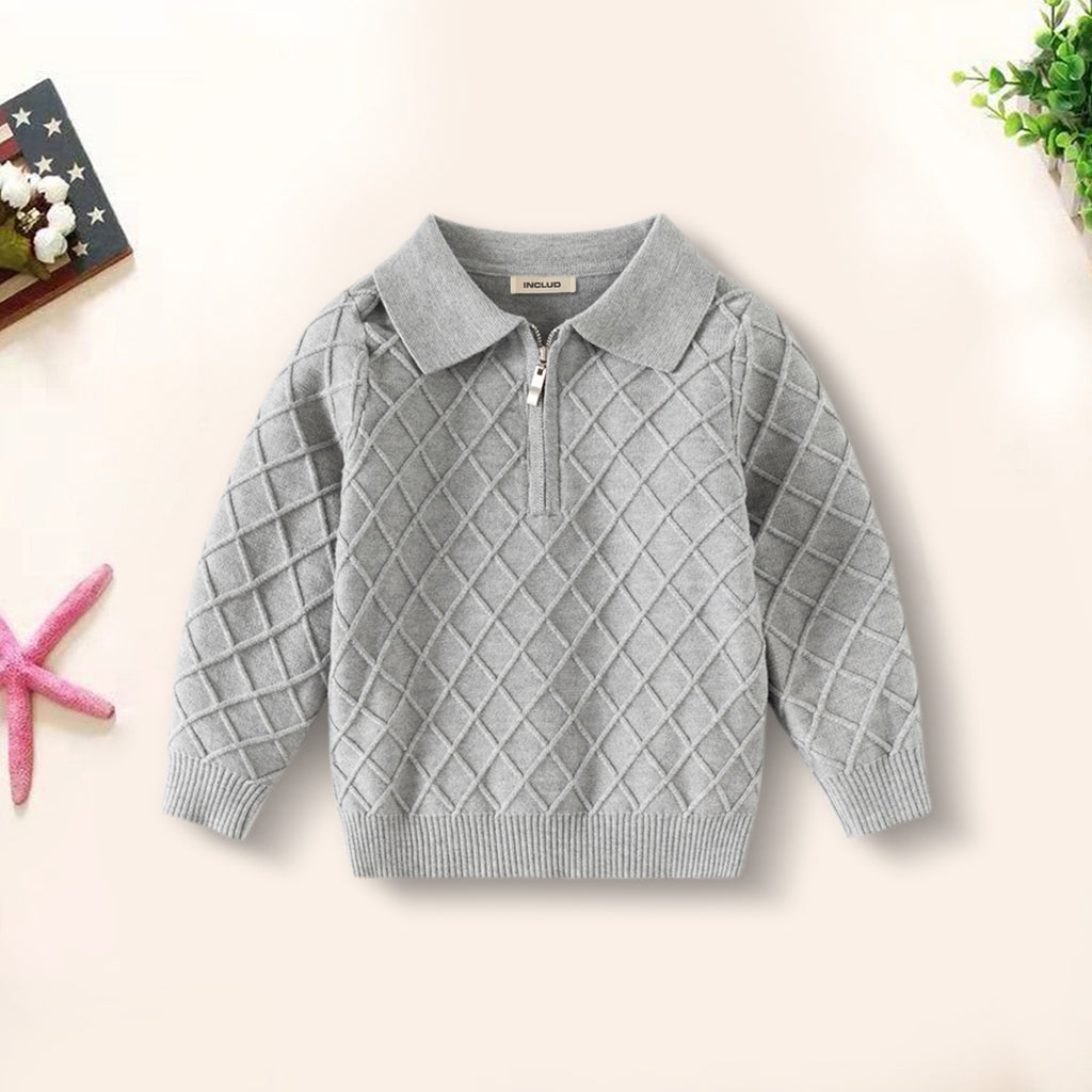 Boys Grey Self-Design Polo Collar Half Zipper Sweater Sweaters & Cardigans Grey 2-3 Y