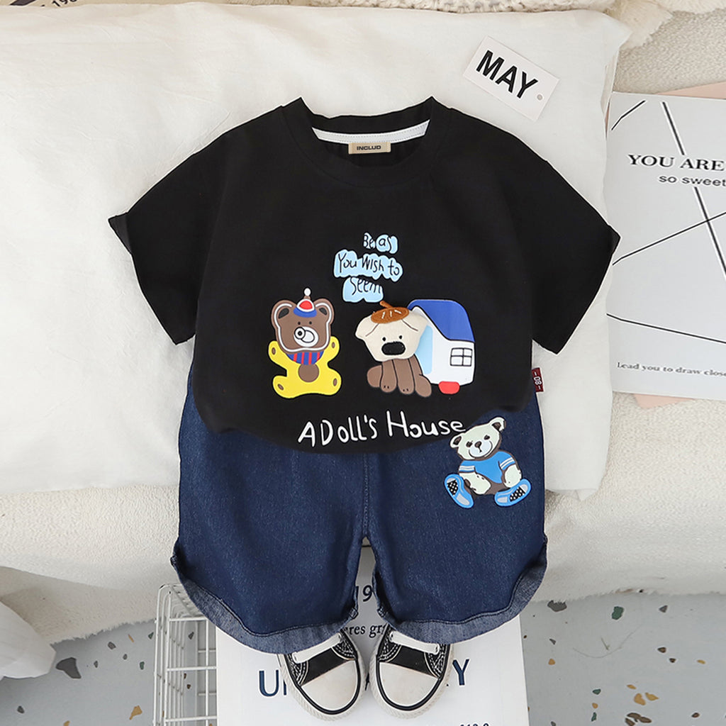 Boys Black Dollhouse Printed T-Shirt With Denim Shorts Set 2 pc. Sets Black 1-2 Y