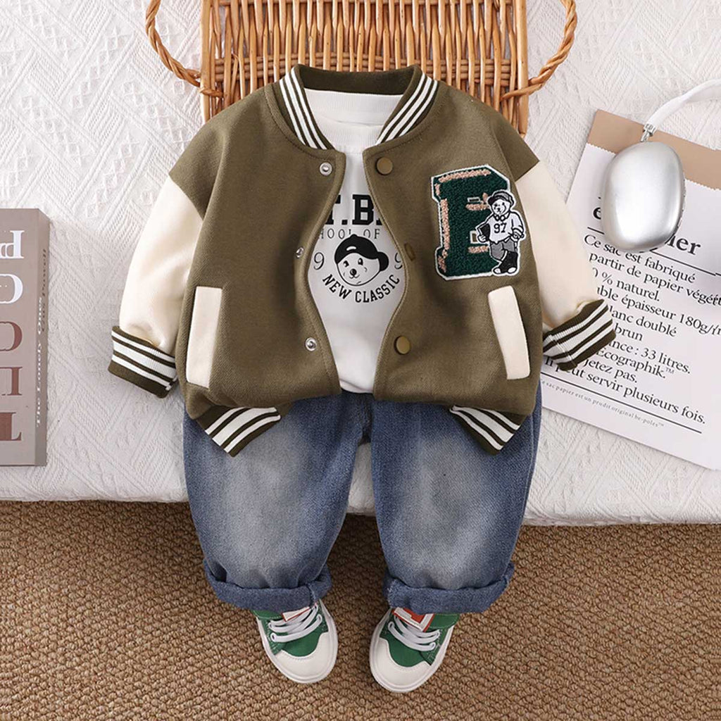 Boys Army Green Printed Varsity Jacket with T-shirt & Jeans Set Sets Army Green 1-2 Y