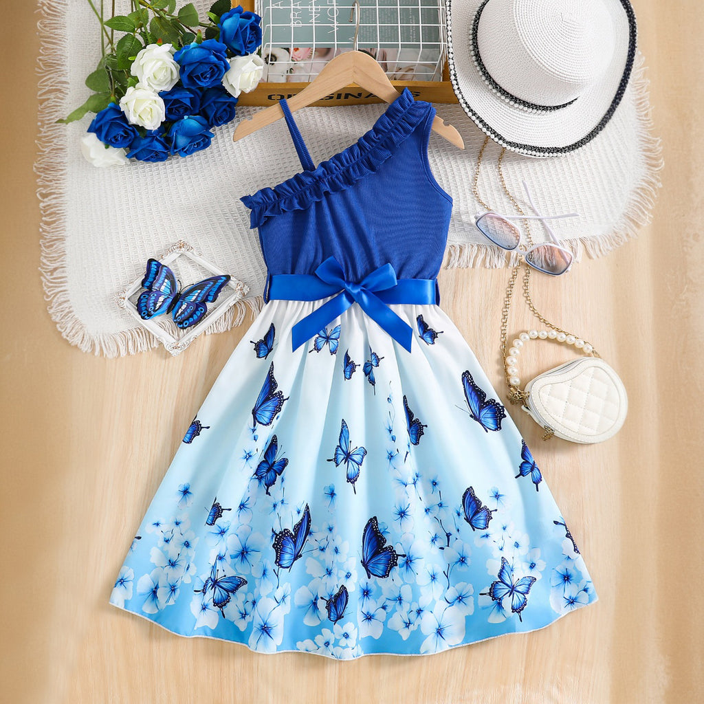 Girls Blue Butterfly Printed One Shoulder Fit And Flared Midi Dress Casual Dresses Blue 3-4 Y
