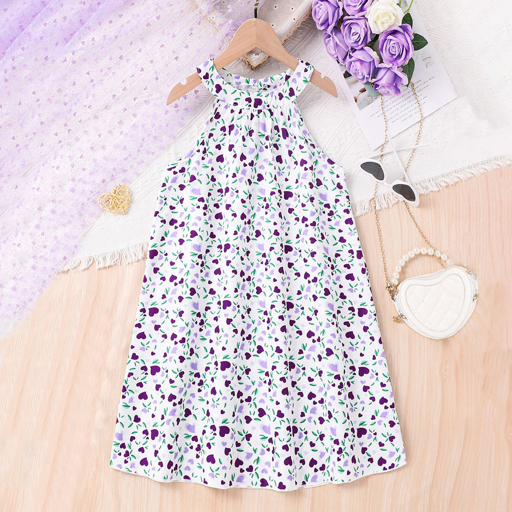 Girls White Heart Printed Halter Neck Casual Dress Casual Dresses White 3-4 Y