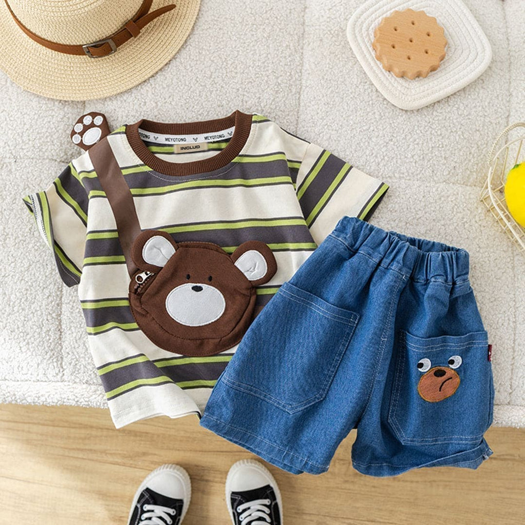 Boys Green Bear Applique Striped T-Shirt With Denim Shorts (Copy) 2 pc. Sets Green 1-2 Y