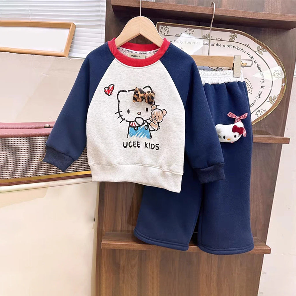 Girls Navy Blue Cat Cartoon Printed Sweatshirt With Pants Sets Sets Navy Blue 1-2 Y