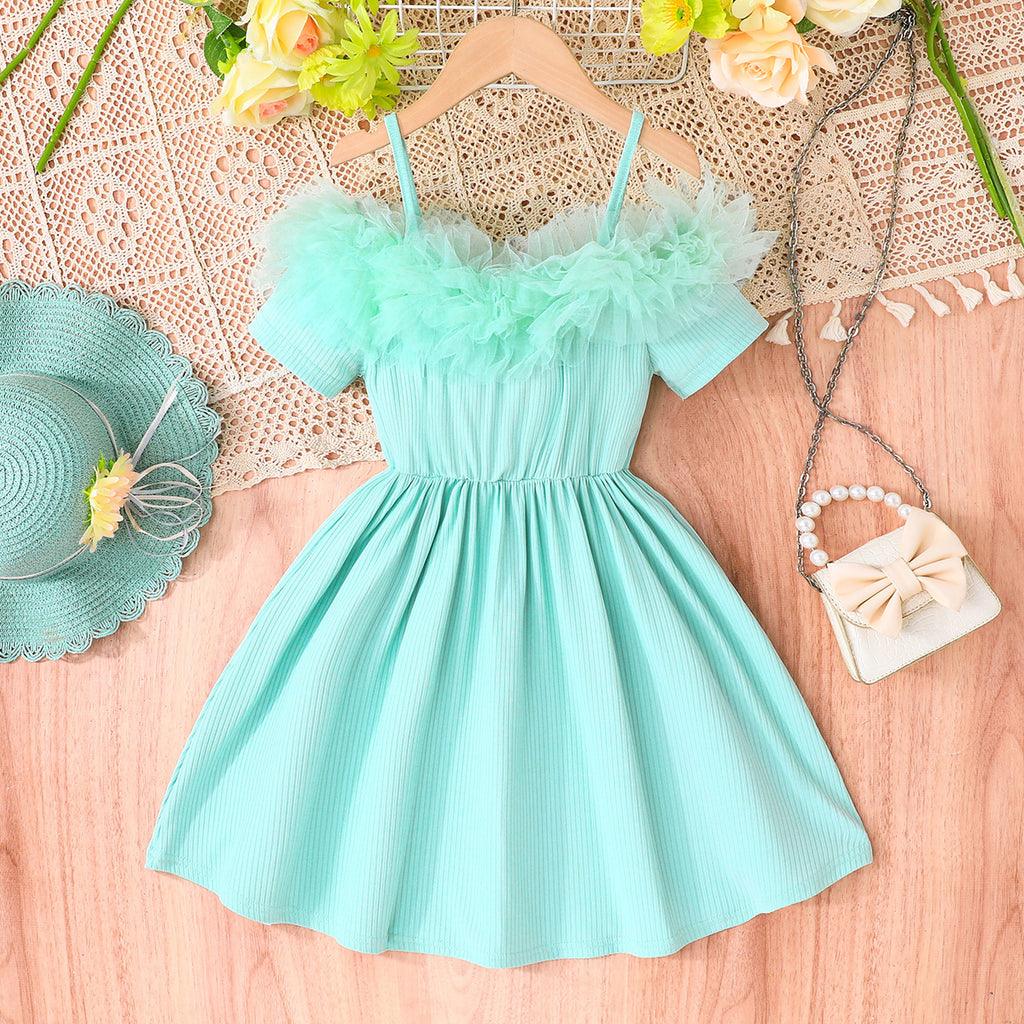 Girls Sea Green Raglan Short Sleeves Shoulder Strap Dress Casual Dresses Sea Green 3-4 Y
