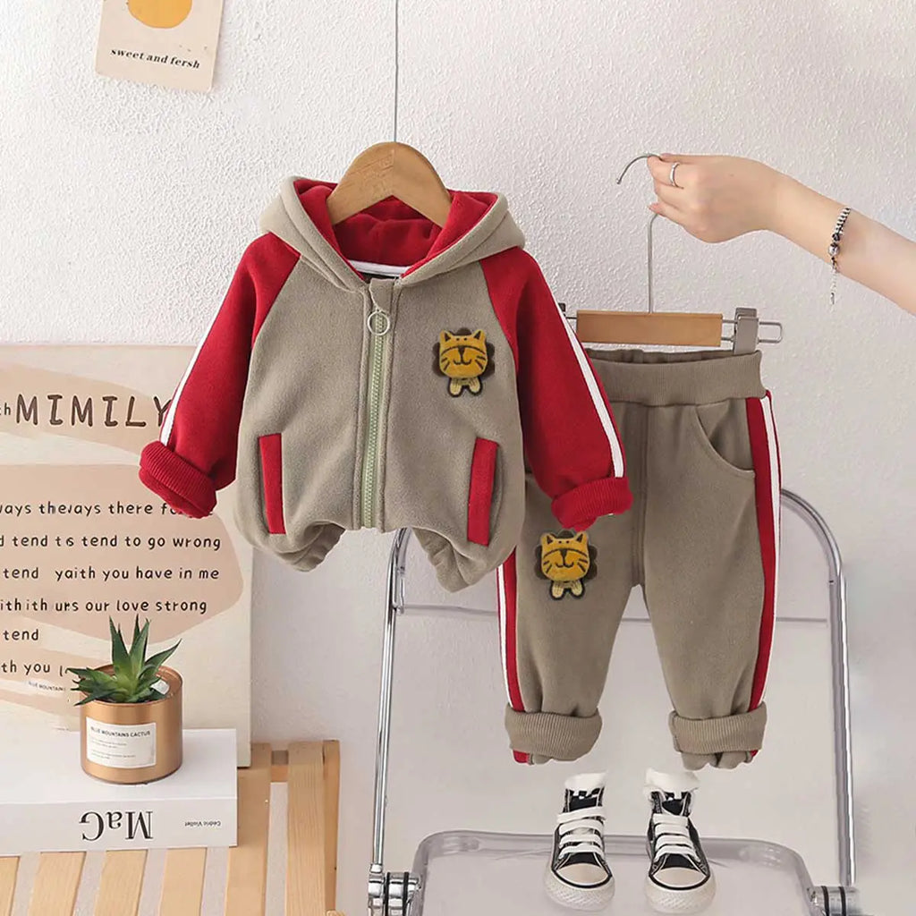 Boys Green Color-Blocked Fleece Hooded Zipper Jacket With Jogger Co-ord Sets Sets Green 1-2 Y