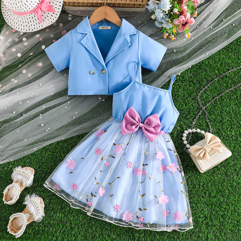 Girls Light Blue Floral Embroidered Dress With Short Sleeves Crop Jacket Casual Dresses Light Blue 2-3 Y