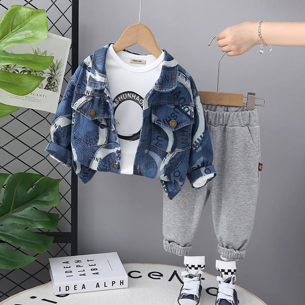 Boys White Abstract Printed Denim Jacket With T-Shirt & Jogger Sets Sets White 1-2 Y
