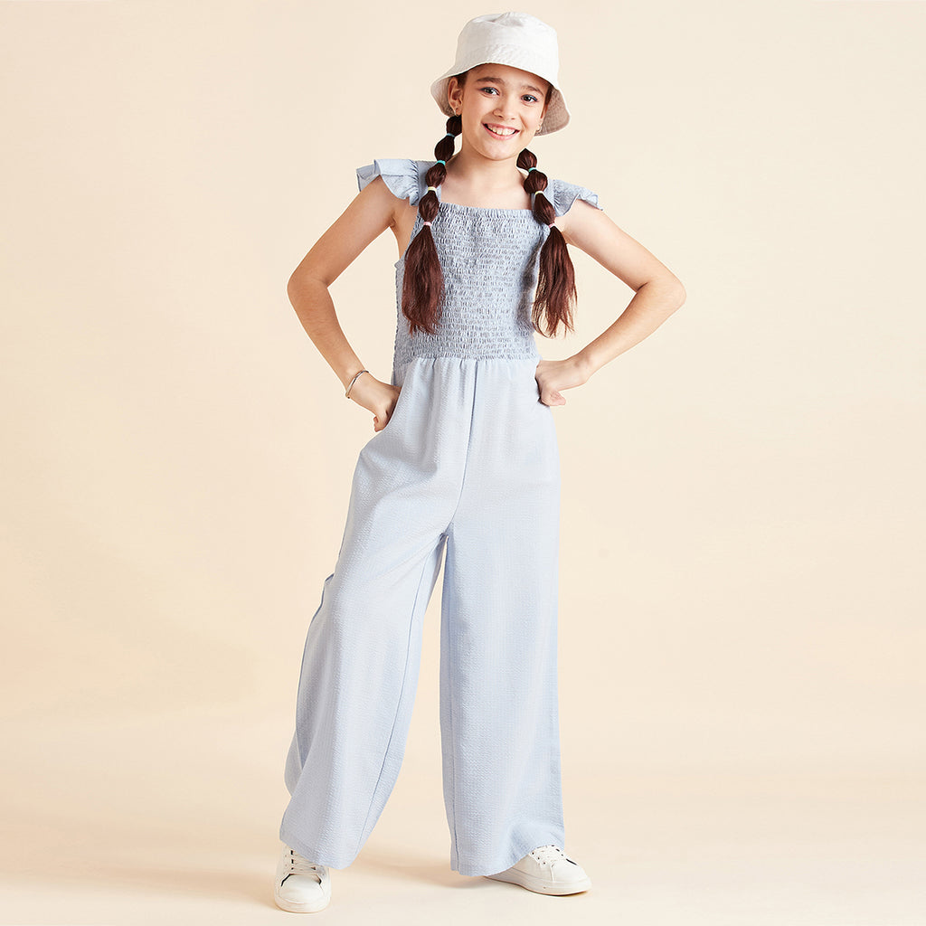 Girls Blue Sleeveless Long Length Jumpsuit With Smocking Jumpsuits Blue 4-5 Y