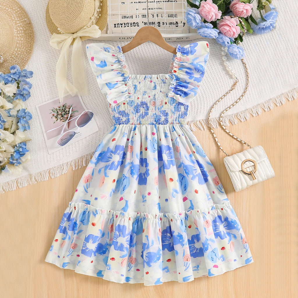 Girls Blue Floral Printed Sleeveless Smocked Fit And Flared Casual Dress Casual Dresses Blue 3-4 Y