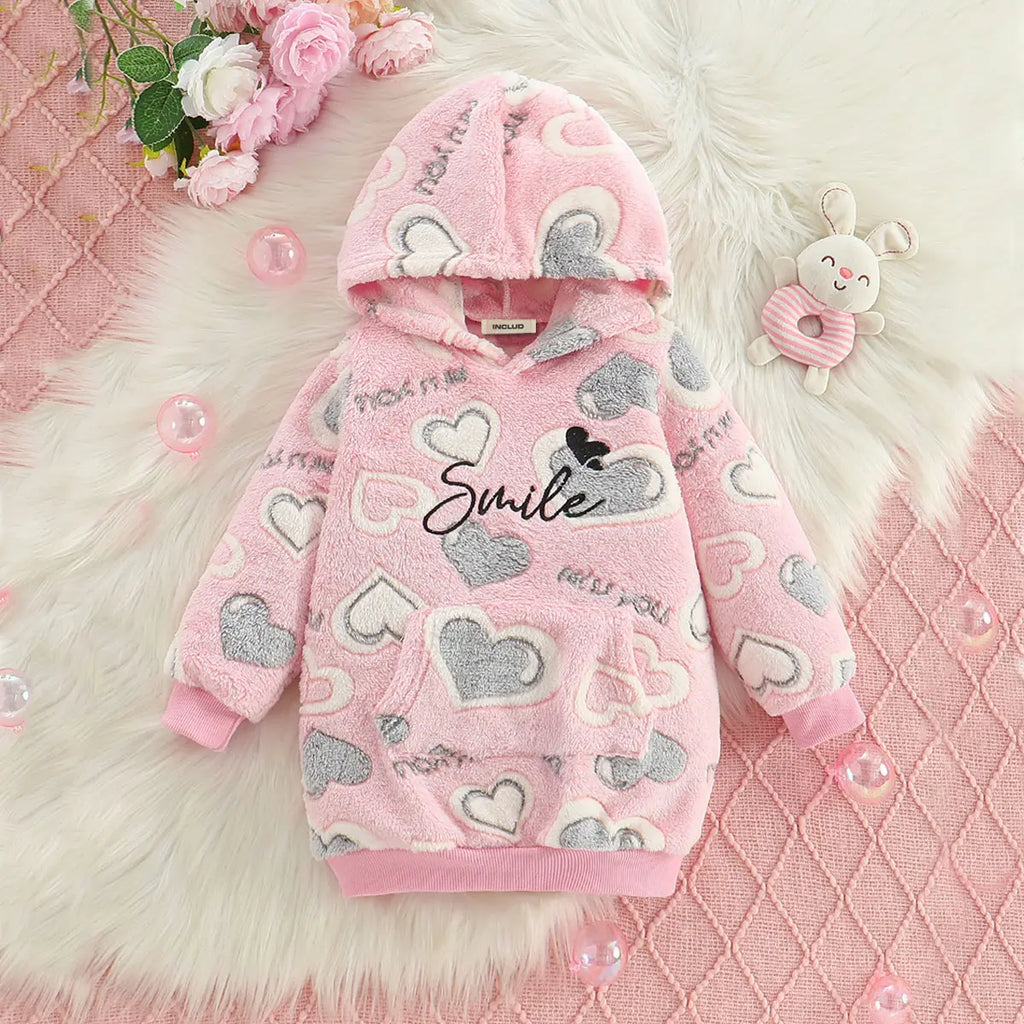 Girls Pink Heart Self-Design Hooded Sweatshirt Sweatshirts & Hoodies Pink 2-3 Y