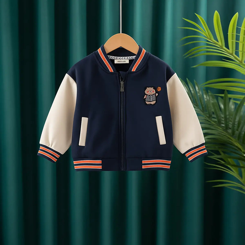 Boys Navy Blue Bear Cartoon Applique Varsity Jacket Coats & Jackets Navy Blue 1-2 Y