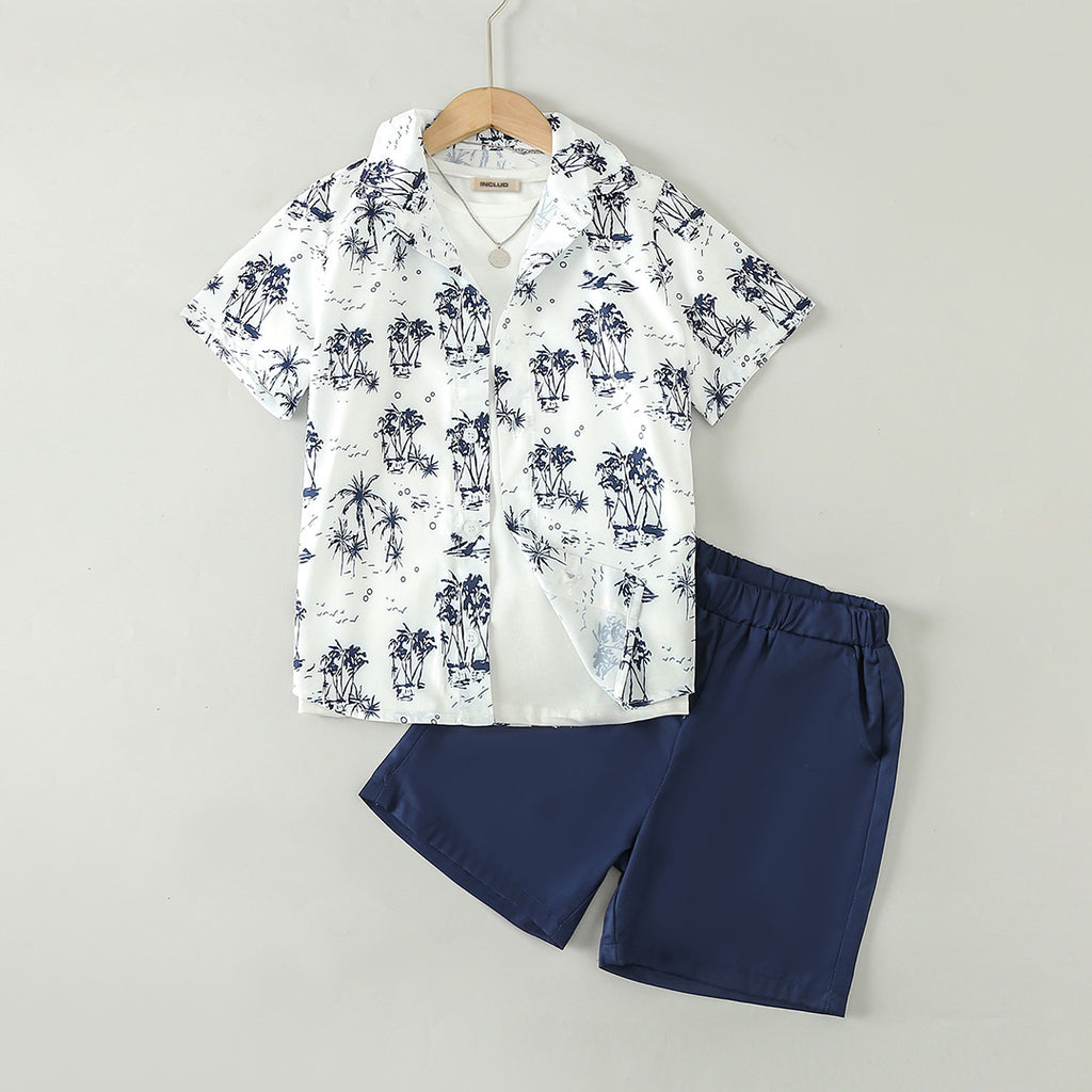Boys Navy Printed Short Sleeve Shirt With Elasticated Shorts Set 2 pc. Sets Navy Blue 5-6 Y