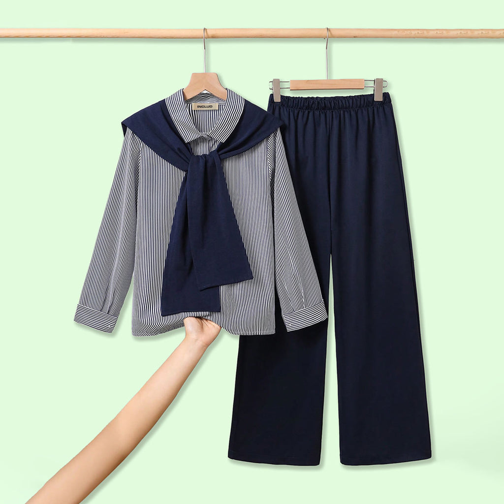 Girls Blue Striped Shirt with Scarf and Straight Fit Pants Sets Sets Blue 12-13 Y