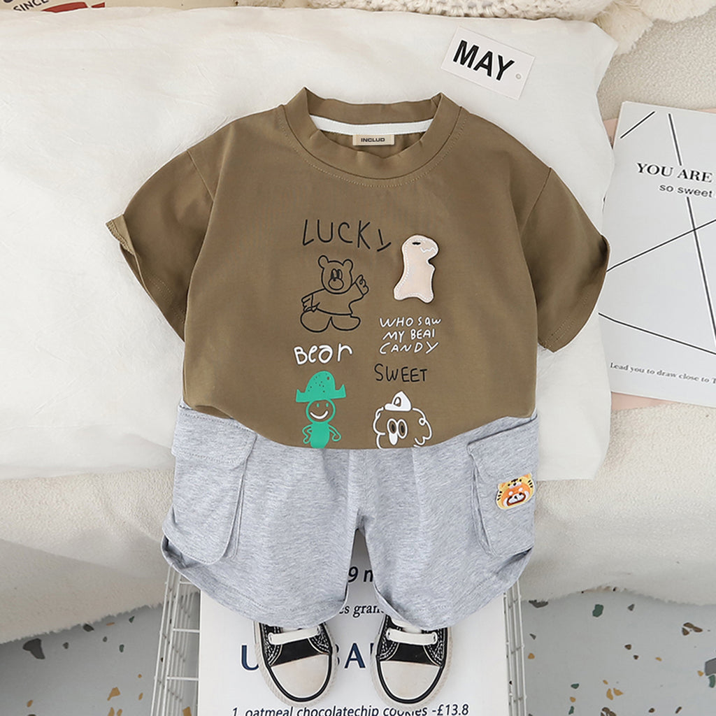 Boys Brown Bear Printed T-Shirt With Cargo Shorts Set 2 pc. Sets Brown 1-2 Y