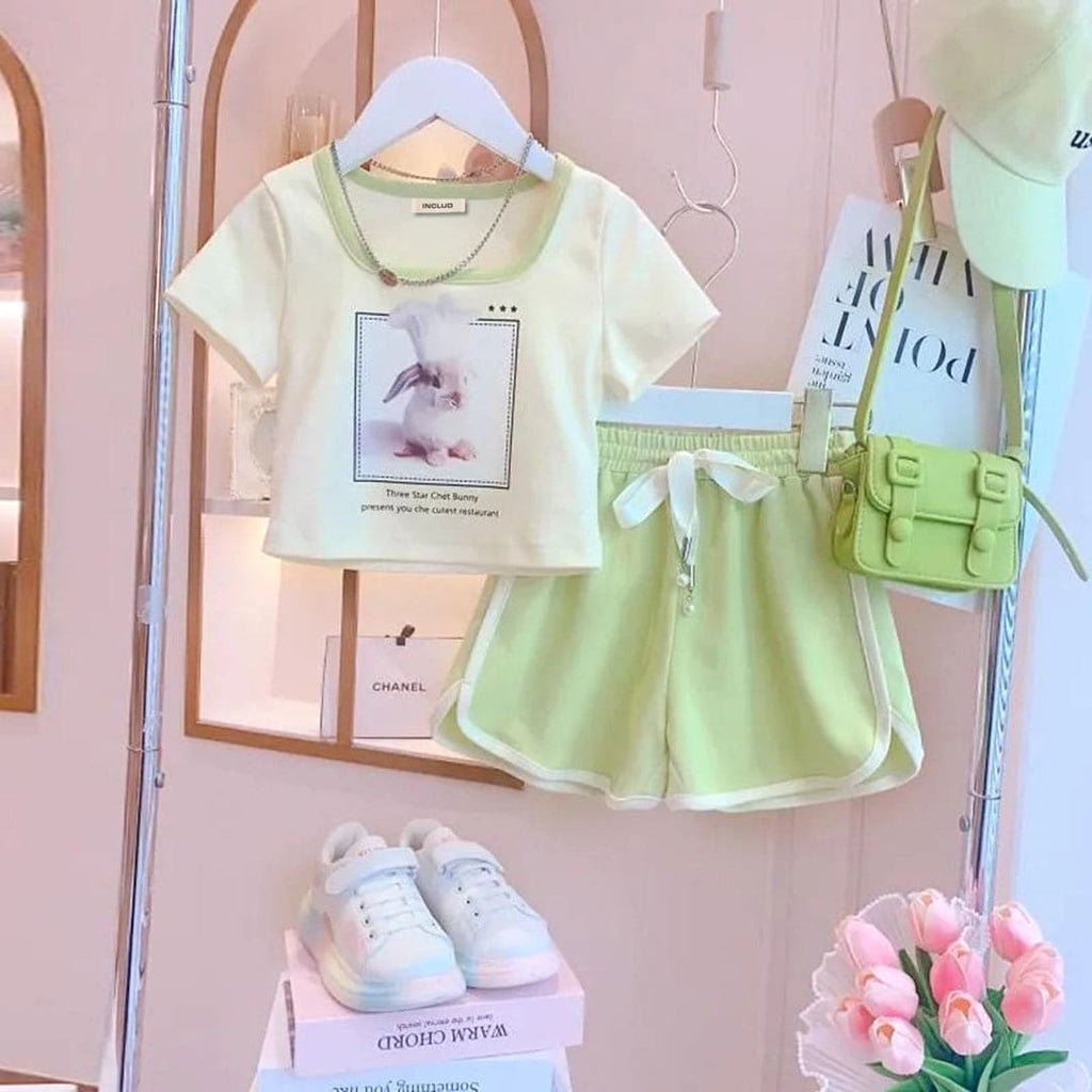 Girls Crop Length Graphic T-Shirt With Shorts Sets Green 4-5 Y 