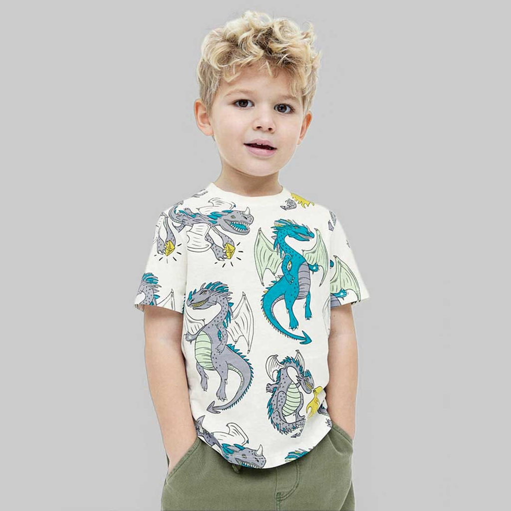 Boys Dragon Print Short Sleeves T-Shirt Tshirts White 1-2 Y 