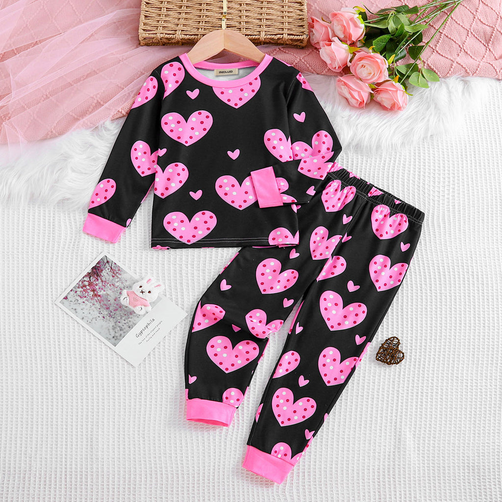 Girls Pink Heart Print Long Sleeve T-Shirt With Pants Sets 2 pc. Sets Pink 3-4 Y