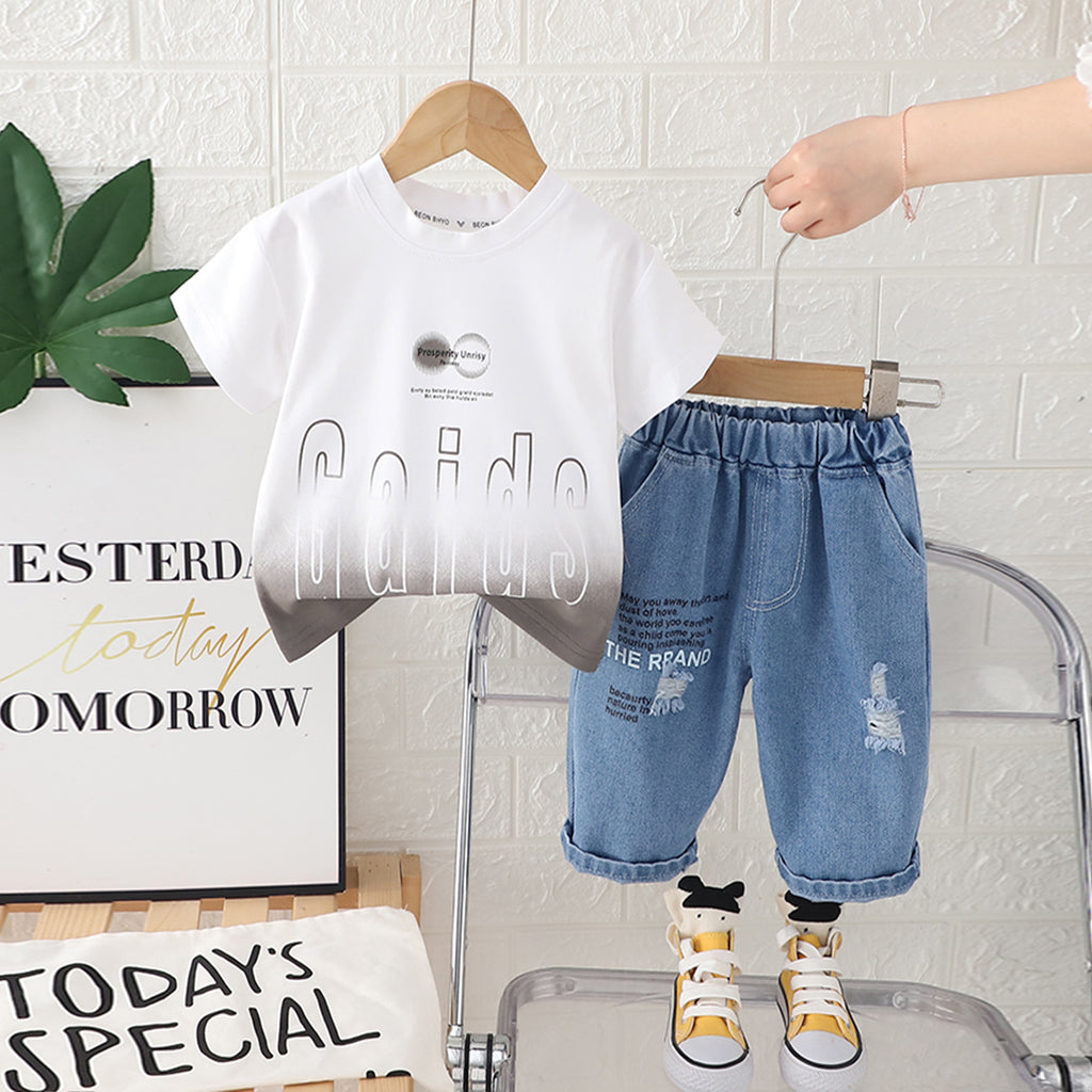 Boys Dark Grey Ombre Dyed Short Sleeves T-Shirt With Denim Pants Set 2 pc. Sets Dark Grey 1-2 Y