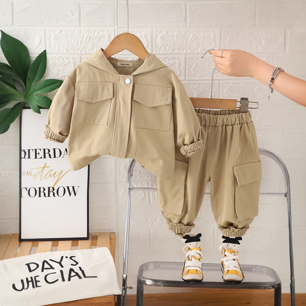 Boys Khaki Solid Hooded Jacket With Pants Set 2 pc. Sets Khaki 1-2 Y