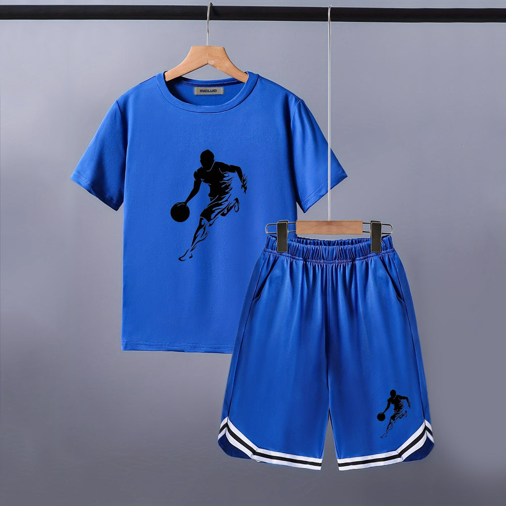 Boys Blue Sports Graphic Printed Short Sleeves T-Shirt With Shorts Set 2 pc. Sets Blue 5-6 Y