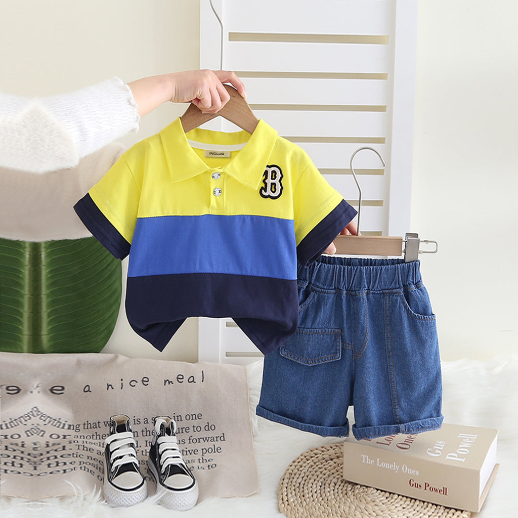Boys Yellow Colo-blocked Polo T-Shirt With Denim Shorts Set 2 pc. Sets Yellow 1-2 Y