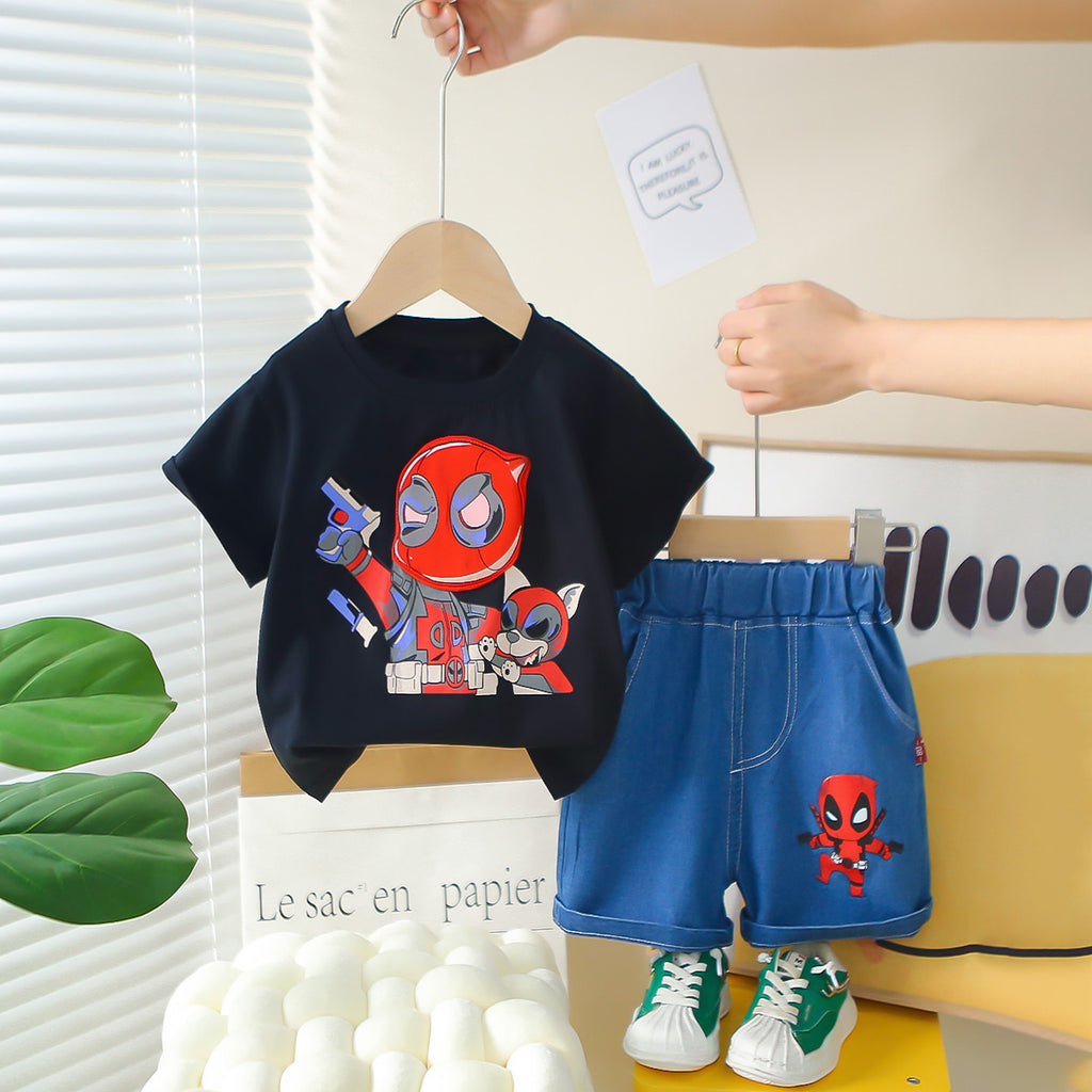 Boys Black Cartoon Printed Short Sleeves T-Shirt With Denim Shorts Set 2 pc. Sets Black 1-2 Y