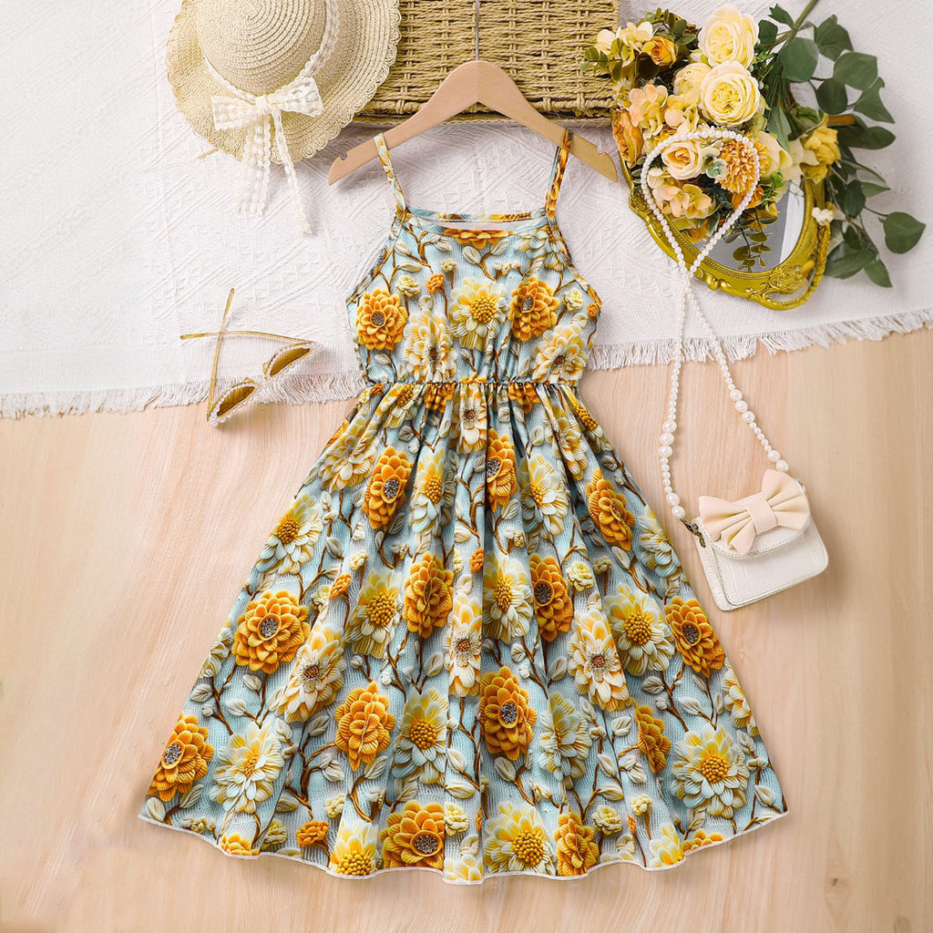 Girls Multicolored Floral Printed Midi Sundress Casual Dresses