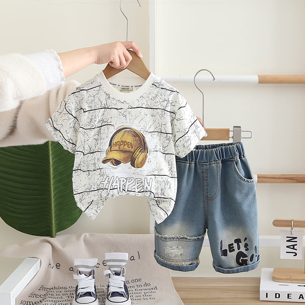 Boys Off White Cap Graphic Short Sleeves T-Shirt With Denim Shorts Set 2 pc. Sets Off White 1-2 Y