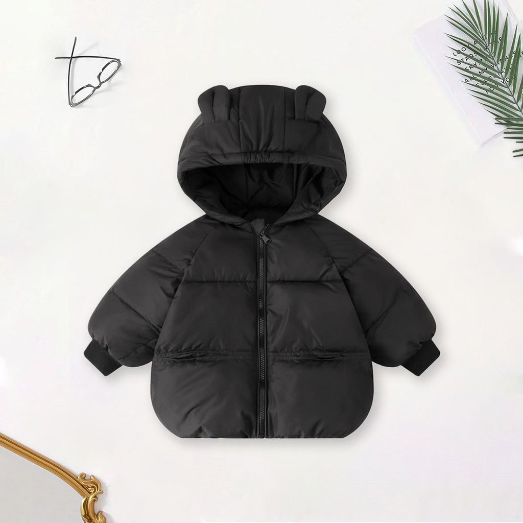 Girls Black Solid Front Zipper Hooded Puffer Jacket Coats & Jackets Black 1-2 Y