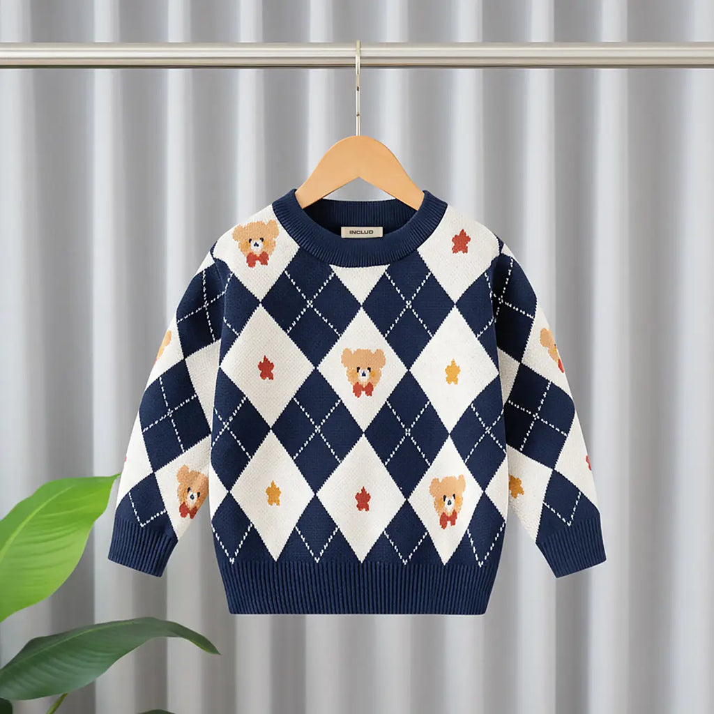 Boys Navy Blue Self-Design Triangle Patterns Knitted Sweater Sweaters & Cardigans Navy Blue 1-2 Y