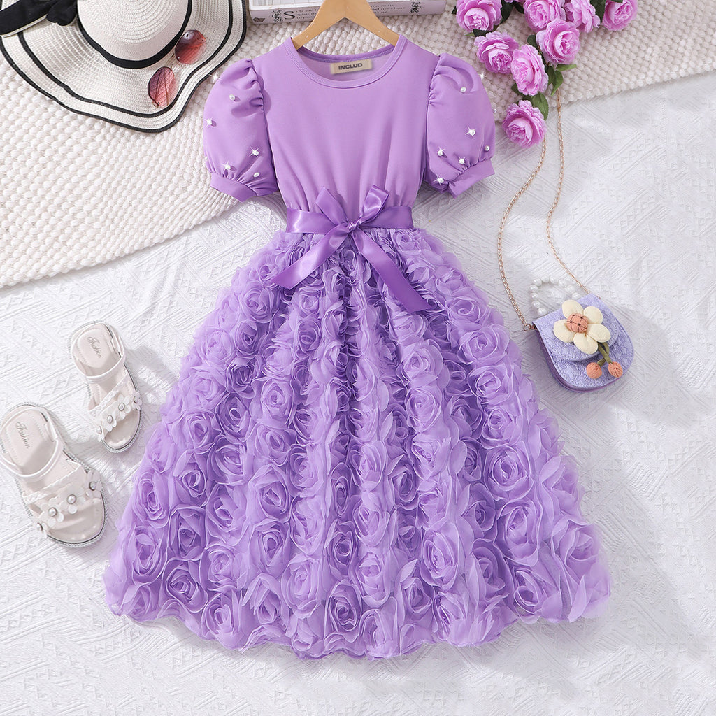 Girls Purple Rose Appliqued Puff Sleeves Fit And Flared Dress Casual Dresses Purple 7-8 Y