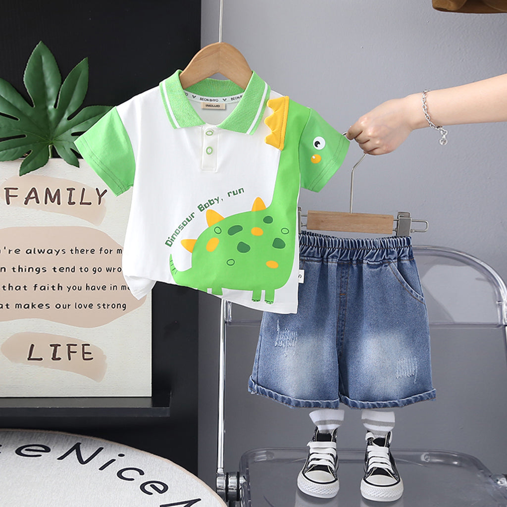 Boys Green Dinosaur Printed Polo T-Shirt With Denim Shorts Set 2 pc. Sets Green 1-2 Y