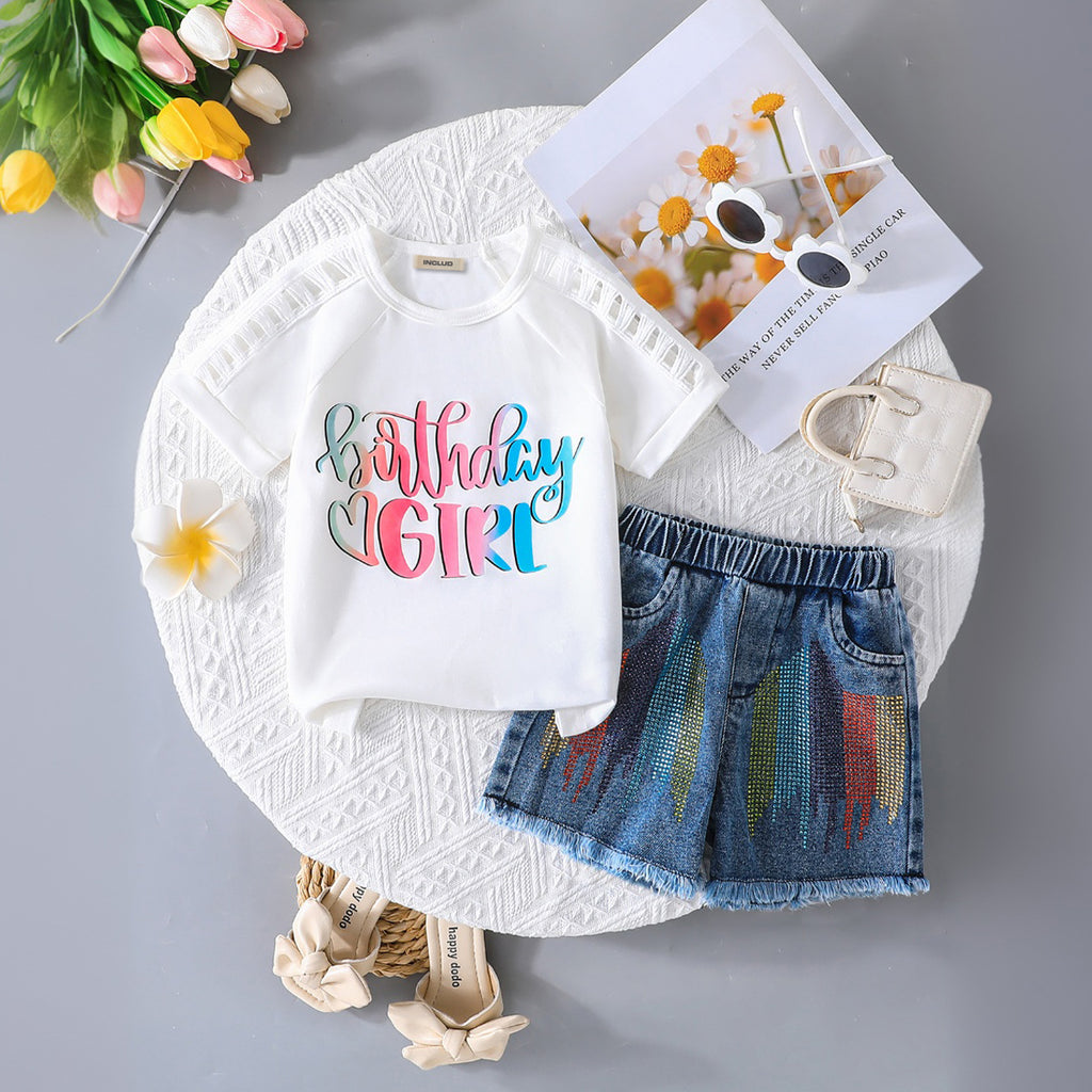 Girls White Printed Short Sleeve T-Shirt With Denim Shorts Set 2 pc. Sets White 3-4 Y