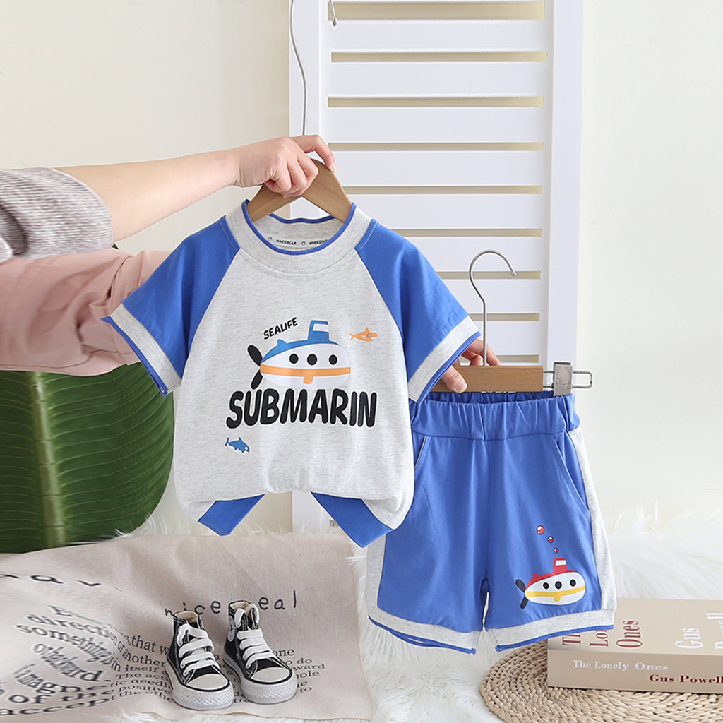 Boys Blue Submarine Printed Raglan Sleeves T-Shirt With Shorts Set 2 pc. Sets Blue 1-2 Y