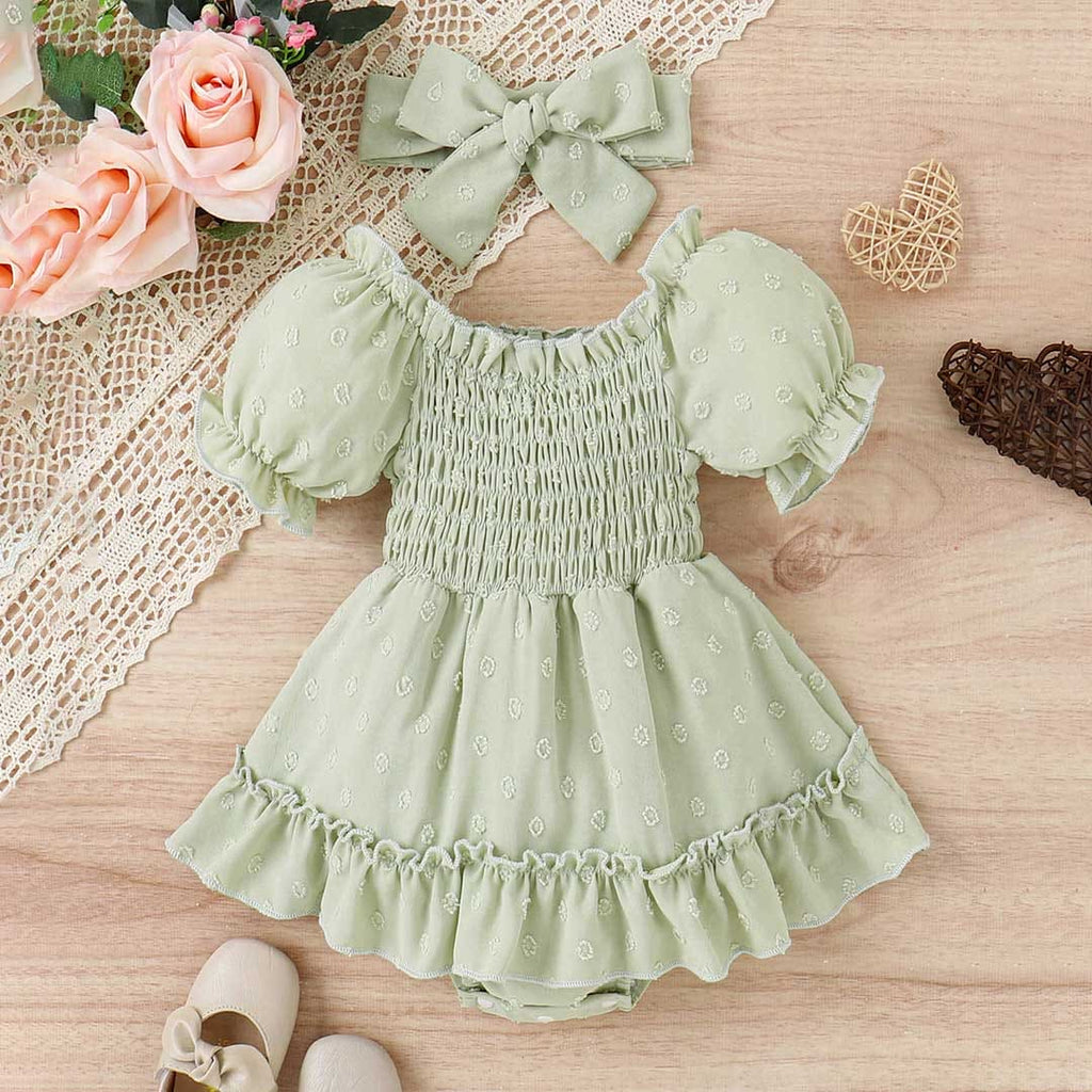 Girls Short Sleeve Off Shoulder Dress Casual Dresses Green 1-2 Y 