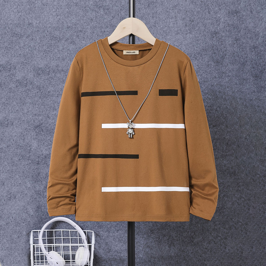 Boys Brown Stripes Printed Long Sleeves Winter T-Shirt Tshirts Brown 7-8 Y
