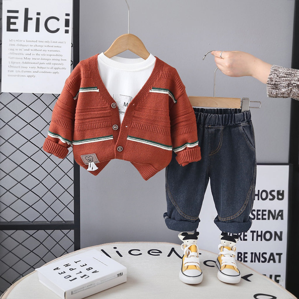 Boys Red Self-Design Cardigan With T-Shirt and Denim Pants set Sets Red 1-2 Y