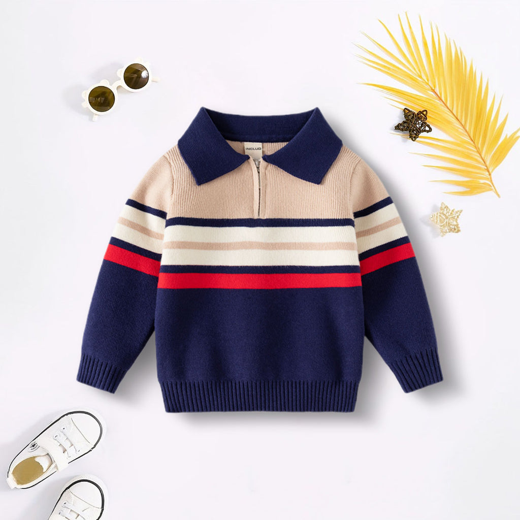 Boys Multicolor Half Zipper Polo Sweater With Self-Design Stripe Patterns Sweaters & Cardigans