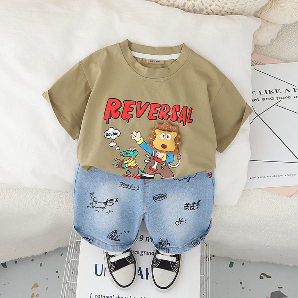 Boys Khaki Graphic Short Sleeves T-Shirt With Printed Denim Shorts Set 2 pc. Sets Khaki 1-2 Y