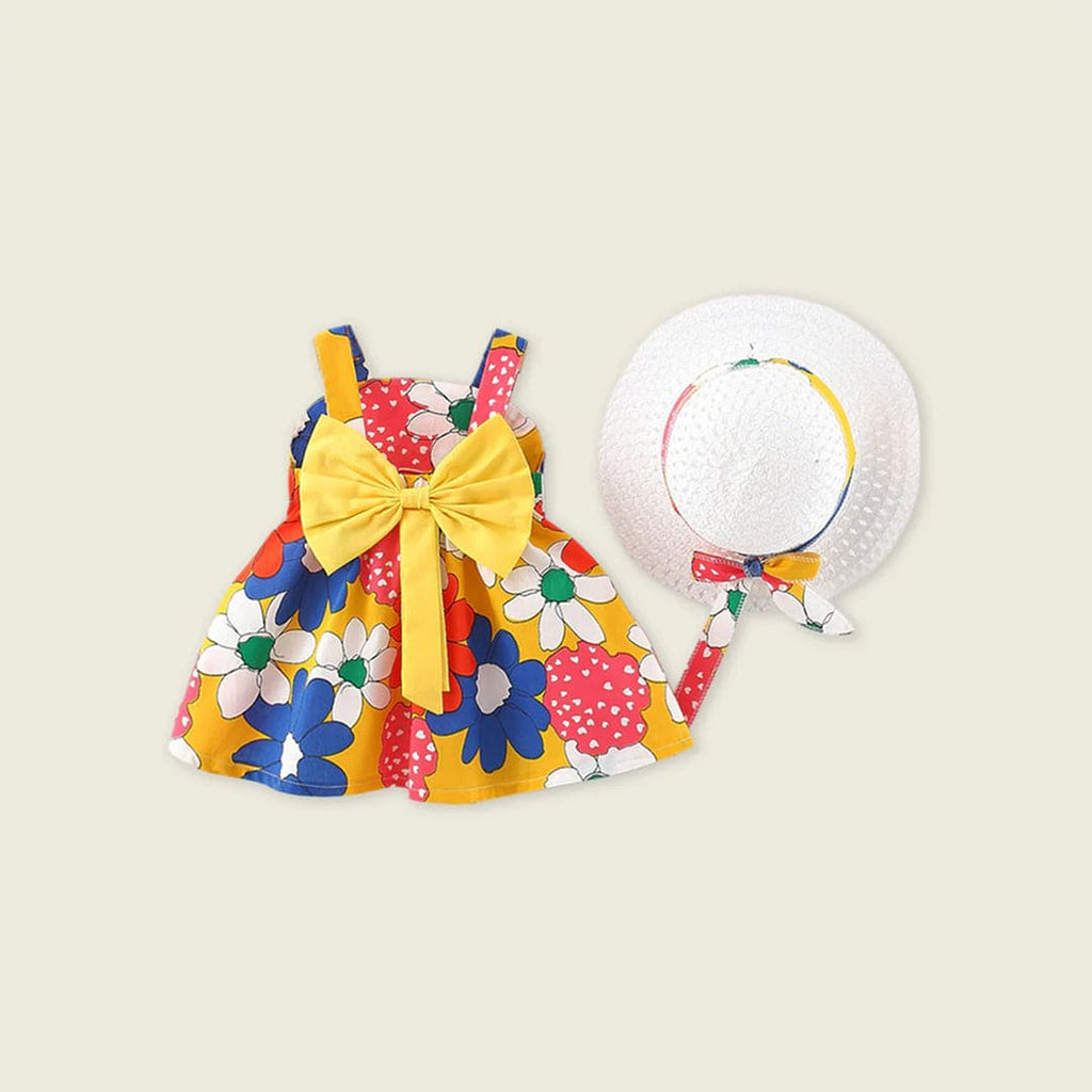 Girls Floral Print Dress with Statement Bow & Hat Casual Dresses Yellow 1-2 Y 