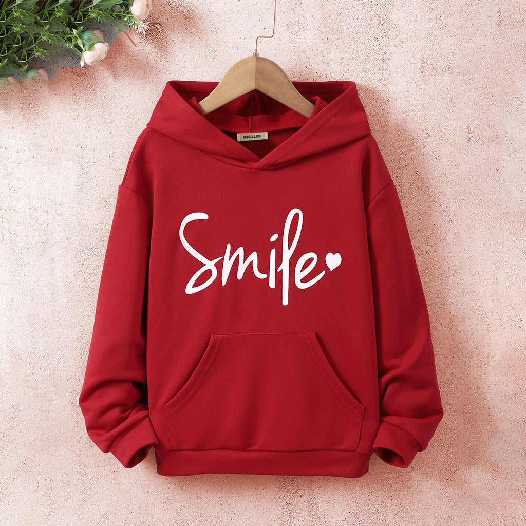 Girls Dark Red Smile Printed Hooded Sweatshirt Sweatshirts & Hoodies Red 7-8 Y