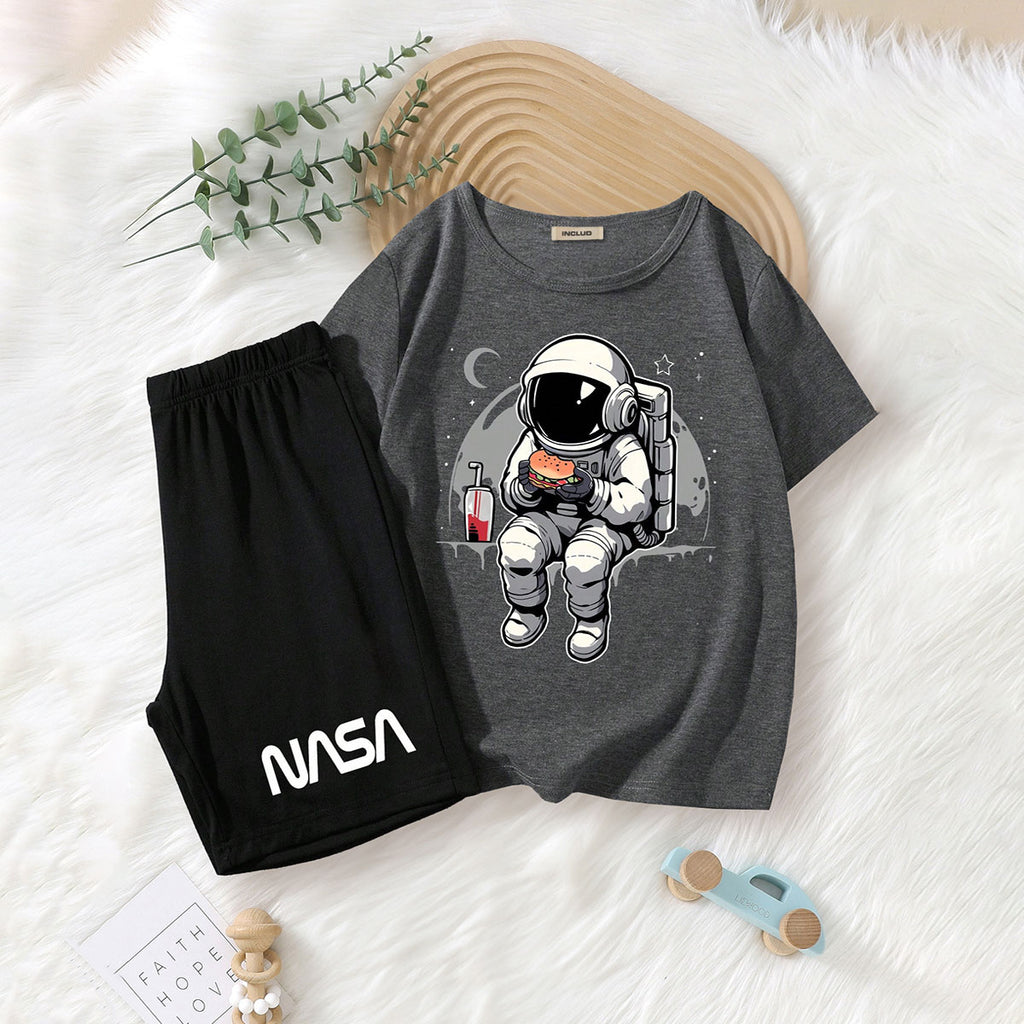 Boys Dark Grey Astronaut Printed T-Shirt With Shorts Set 2 pc. Sets Dark Grey 7-8 Y