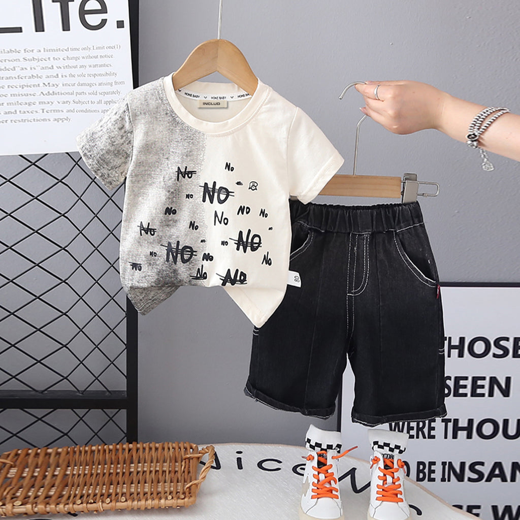 Boys Apricot Typography Printed Short Sleeves T-Shirt With Denim Shorts Set 2 pc. Sets Apricot 1-2 Y