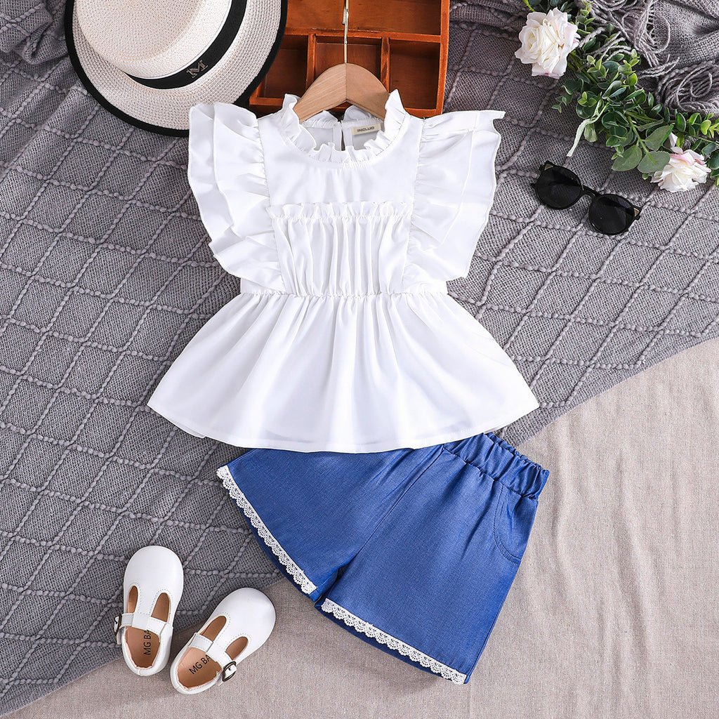 Girls White Ruffled Round Neck Top With Denim Shorts Set 2 pc. Sets White 3-4 Y